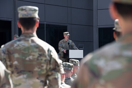  U.S. Space Force Col. Jeffrey E. Weisler gives his first speech as the Space Delta 8 commander – Satellite Communications to the men and women of DEL 8 during a change of command ceremony at Schriever Space Force Base, Colorado, June 24, 2024. Weisler is the third commander to lead DEL 8 since it was activated on July 24, 2020. (U.S. Space Force photo by 1st Lt. Danielle Rose)