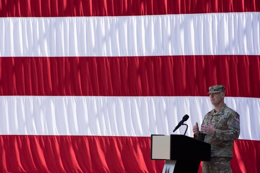  U.S. Space Force Col. Jeffrey E. Weisler gives his first speech as the Space Delta 8 commander – Satellite Communications to the men and women of DEL 8 during a change of command ceremony at Schriever Space Force Base, Colorado, June 24, 2024. Weisler is the third commander to lead DEL 8 since it was activated on July 24, 2020. (U.S. Space Force photo by 1st Lt. Danielle Rose)