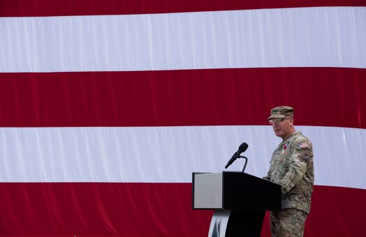  U.S. Space Force Col. David A. Pheasant, former Space Delta 8 commander – Satellite Communications, gives his final speech to the men and women of DEL 8 during a change of command ceremony at Schriever Space Force Base, Colorado, June 24, 2024. Pheasant served as the DEL 8 commander from July 2022 to June 24, 2024. (U.S. Space Force photo by 1st Lt. Danielle Rose)