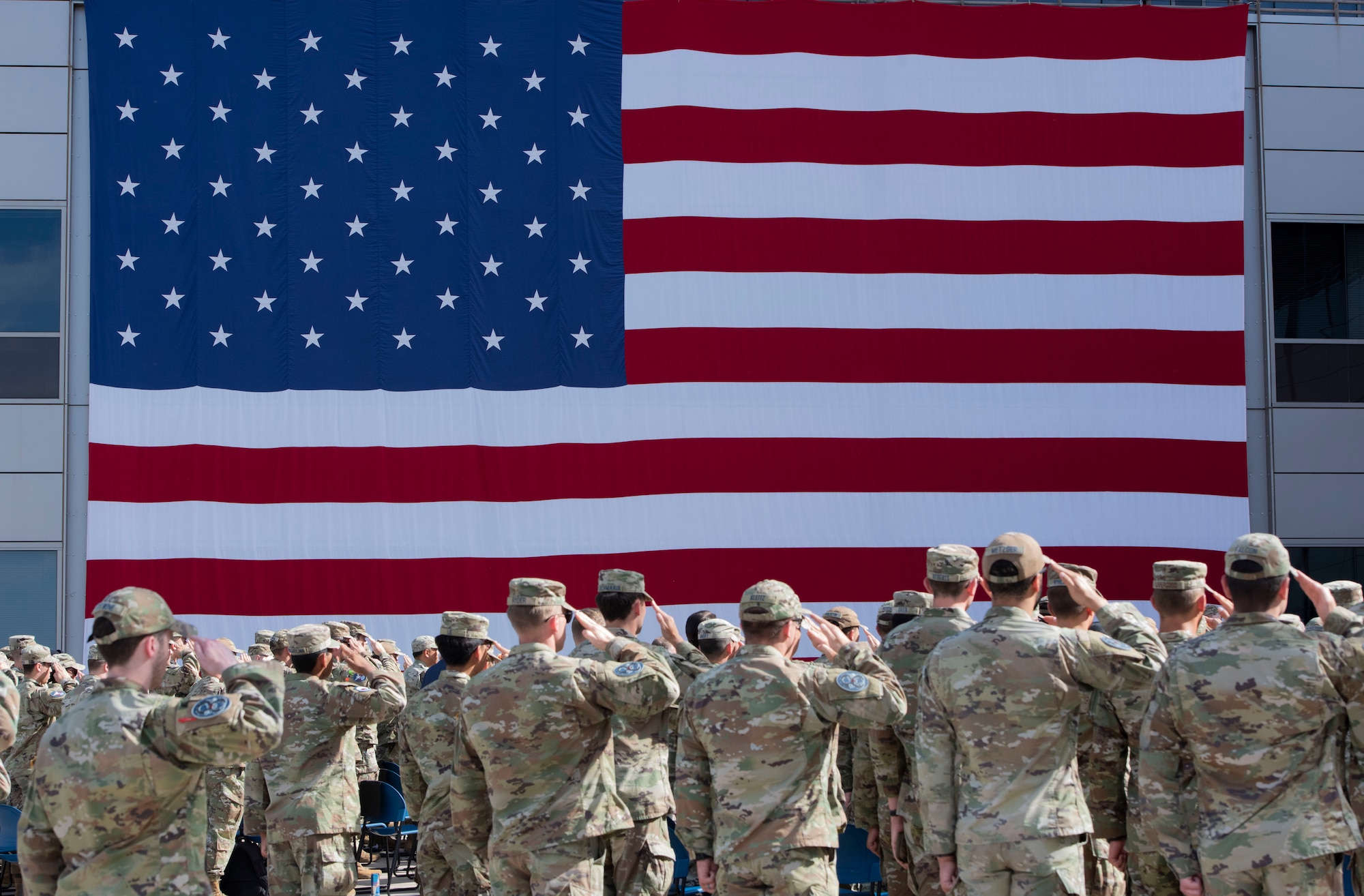 The men and women of Space Delta 8 – Satellite Communications, salute during a change of command ceremony at Schriever Space Force Base, Colorado, June 24, 2024. DEL 8 was activated on July 24, 2020. (U.S. Space Force photo by 1st Lt. Danielle Rose)
