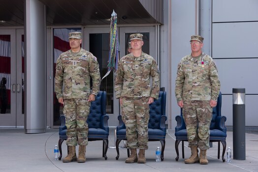  From the left, U.S. Space Force Lt. Gen. David N. Miller, Jr., Space Operations Command commander, Col. Jeffrey E. Weisler, Space Delta 8 – Satellite Communications commander, and Col. David A. Pheasant, former DEL 8 commander, stand at attention in preparation to sing the official U.S. Space Force song during a change of command ceremony at Schriever Space Force Base, Colorado, June 24, 2024. The song, entitled Semper Supra, represents the service’s values, traditions and culture. (U.S. Space Force photo by 1st Lt. Danielle Rose)