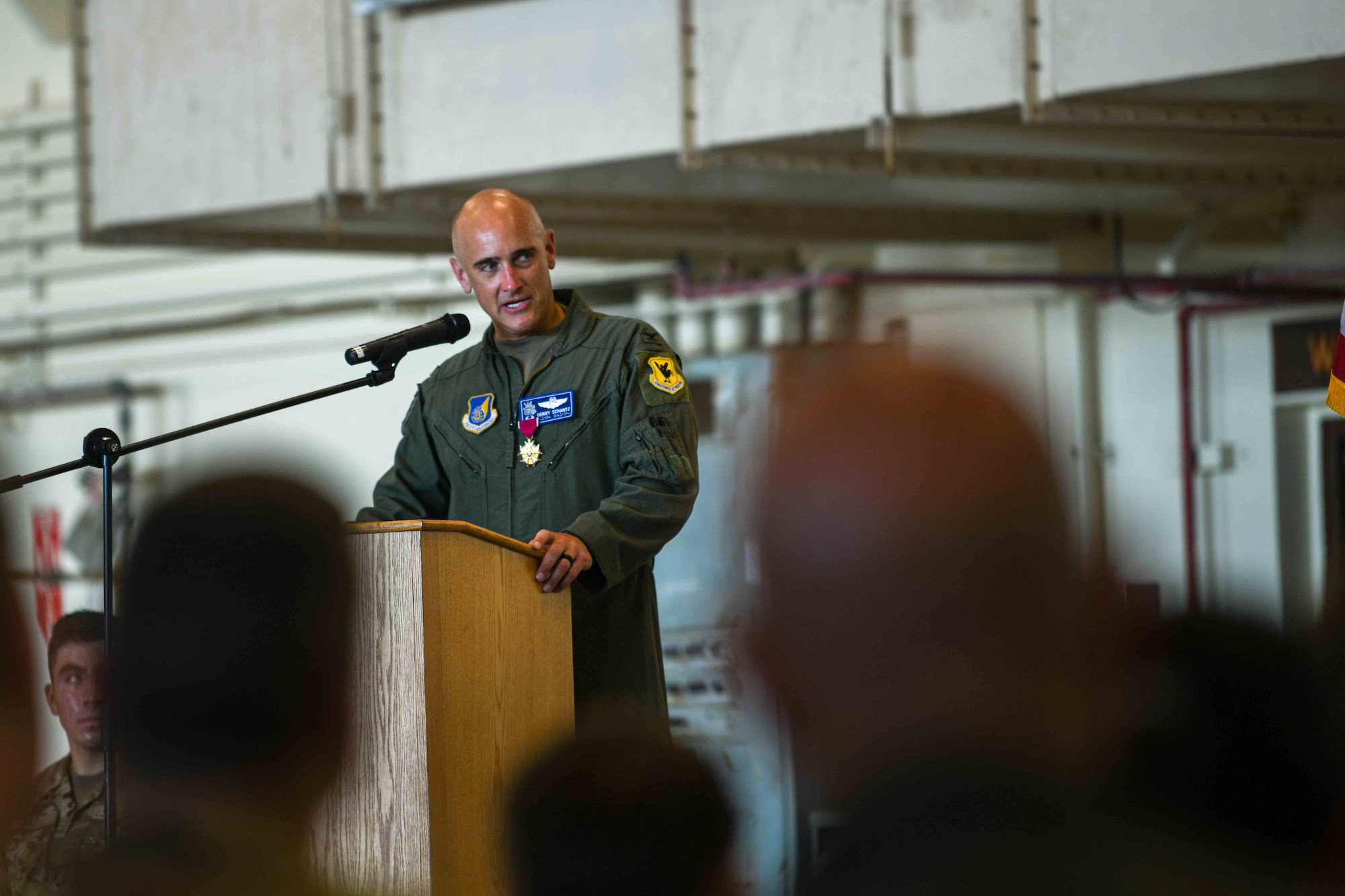 U.S. Air Force Col. Henry Schantz, outgoing 18th Operations Group commander, speaks during the change of command ceremony at Kadena Air Base, Japan, June 25, 2024.