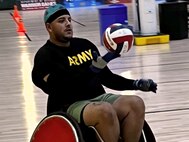 U.S. Army Spc. Janmigel TorresCruz participates in wheelchair rugby practice for Team Army during the 2024 Department of Defense Warrior Games