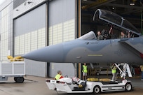 Oregon Air National Guard Majors Calvin Conner and Brandon  Wigton, assigned to the 142nd Wing, 123rd Fighter Squadron, in Portland, prepare for takeoff with the newest F-15EX in Berkley, Missouri, June 5, 2024. Eighteen new EX models will be assigned to the 142nd Wing at Portland Air National Guard base.