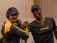 U.S. Army 1st Lt. Matthew Hovey, left, and Staff Sgt. Derrick Thompson pose for a photo at the precision air event during the 2024 Department of Defense Warrior Games