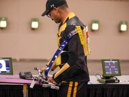 U.S. Army 1st Lt. Matthew Hovey prepares to compete in the precision air event during the 2024 Department of Defense Warrior Games