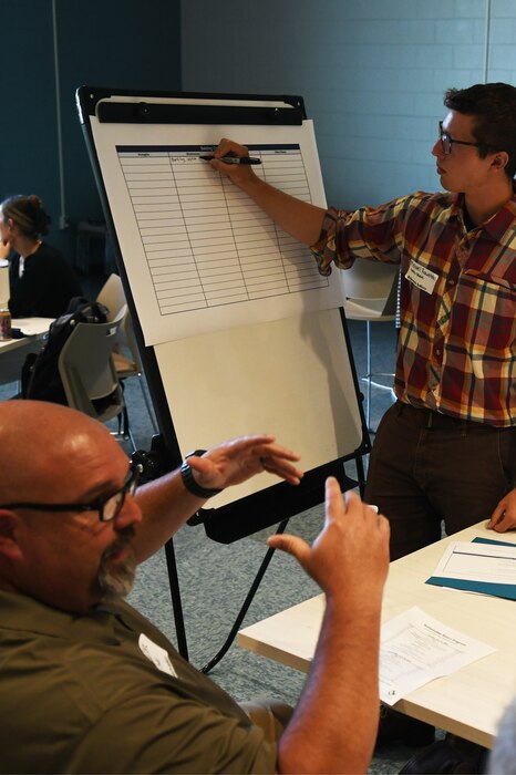 A man explains a table graph displayed on a standing board.