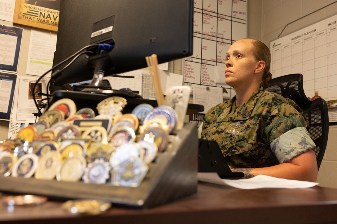 U.S. Navy Hospital Corpsman 1st Class Sara Freeman, with 8th Engineer Support battalion, 2nd Marine Logistics Group and a native of Ballston, New York, poses for a photo on Camp Lejeune, North Carolina, June 17, 2024. The Sailor of the Year program recognizes the best Sailors throughout the fleet and awards the selectees with meritorious advancement to Chief Petty Officer. (U.S. Marine Corps photo by Cpl. Meshaq Hylton)
