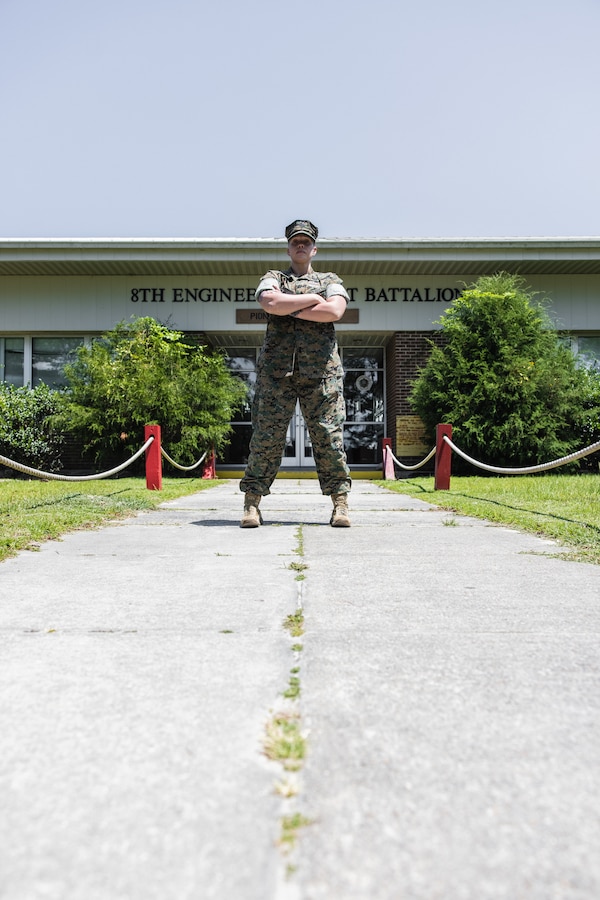 U.S. Navy Hospital Corpsman 1st Class Sara Freeman, with 8th Engineer Support battalion, 2nd Marine Logistics Group and a native of Ballston, New York, poses for a photo on Camp Lejeune, North Carolina, June 17, 2024. The Sailor of the Year program recognizes the best Sailors throughout the fleet and awards the selectees with meritorious advancement to Chief Petty Officer. (U.S. Marine Corps photo by Cpl. Meshaq Hylton)