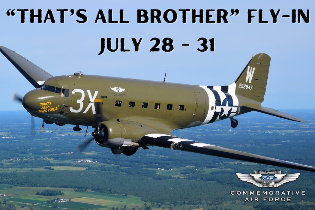 The Commemorative Air Force will bring the C-47 "That's All Brother" to the museum for a Fly-In from July 28-31.
Image of the airplane flying above a green earth