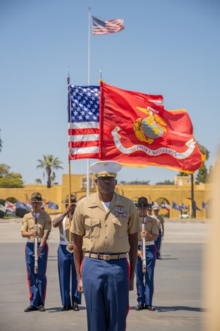 U.S. Marine Corps Lt. Col. Arthur L. Graham III, commanding officer of Support Battalion, Recruit Training Regiment, stands at attention during his change of command ceremony at Marine Corps Recruit Depot San Diego, California, June 14, 2024. Graham III relinquished command to Lt. Col. John B. Dickens, who took charge of the Support Battalion at MCRD San Diego. (U.S. Marine Corps photo by Lance Cpl. Janell B. Alvarez)