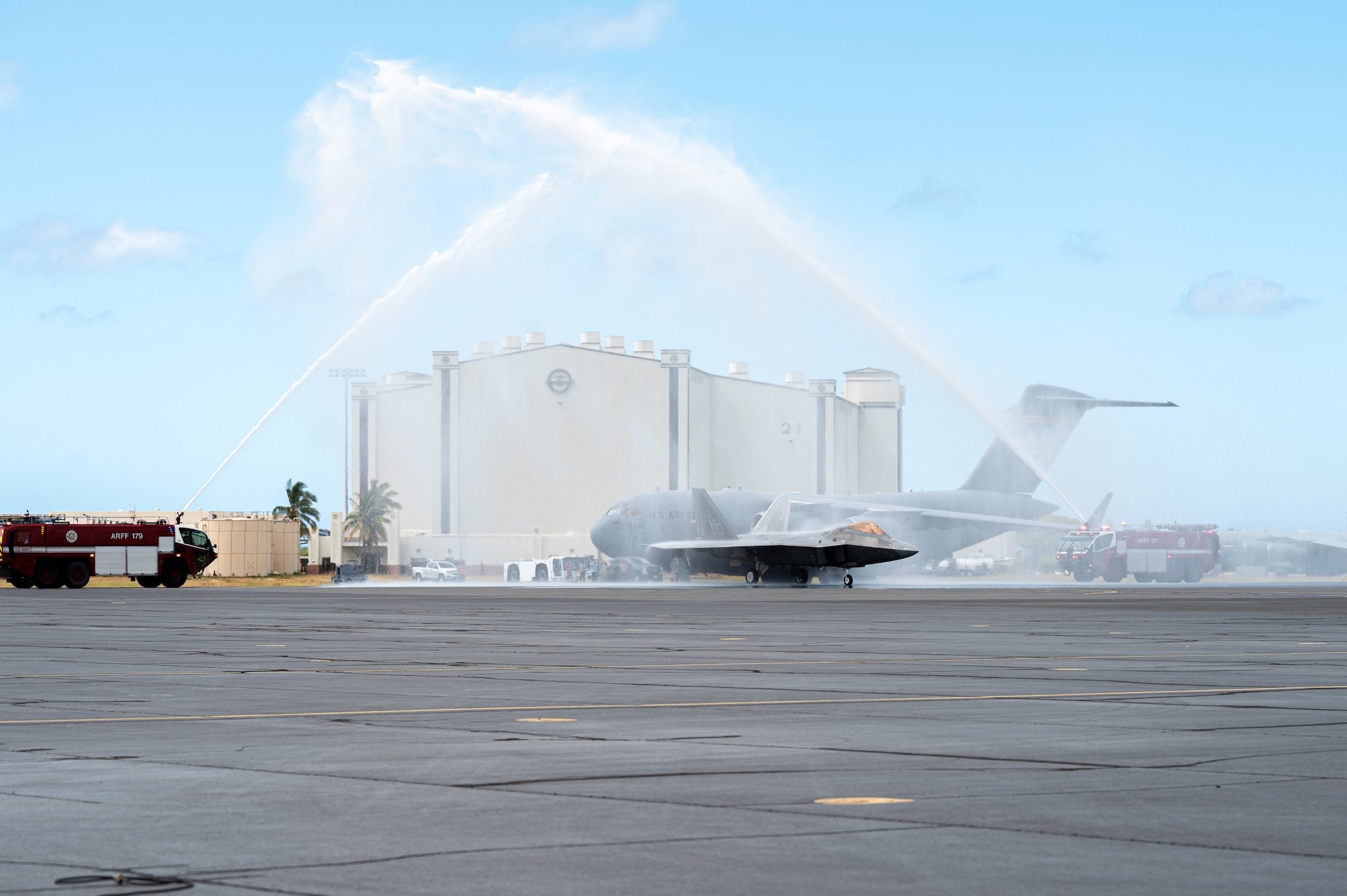 F-22 is sprayed with water.