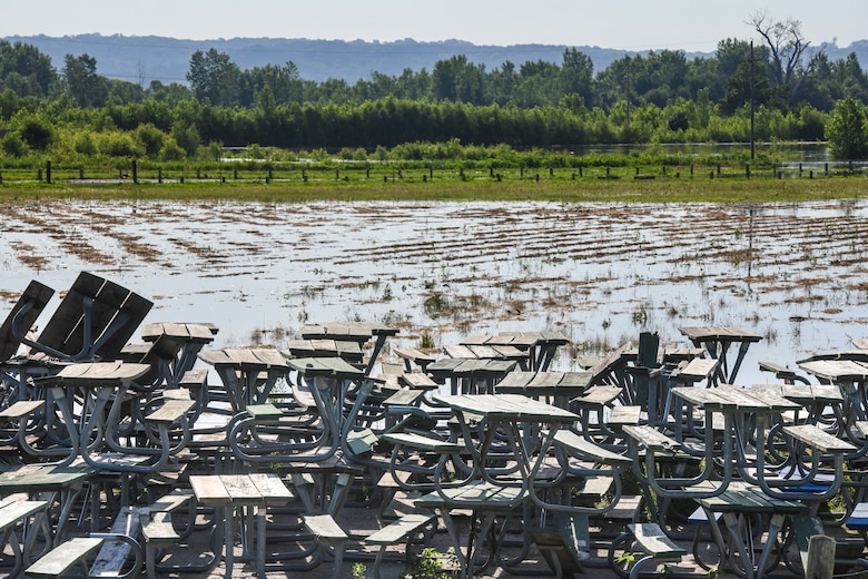 Picnic tables by Missouri river