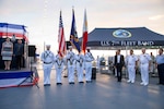 MANILA, Philippines – Sailors parade the colors during a reception aboard the U.S. 7th Fleet flagship USS Blue Ridge (LCC 19), June 20, 2024. 7th Fleet is the U.S. Navy’s largest forward-deployed numbered fleet, and routinely operates with allies and partners in preserving a free and open Indo-Pacific region. (U.S. Navy photo by Mass Communication Specialist 2nd Class Belen Saldana)