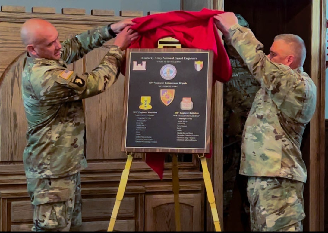 The 201st and 206th Engineer Battalions from the 149th Maneuver Enhancement Brigade were recently honored with the prestigious "Dedication Plaque" during Engineer Regimental week in the Essayons Room at Fort Leonard Wood, April 24, 2024