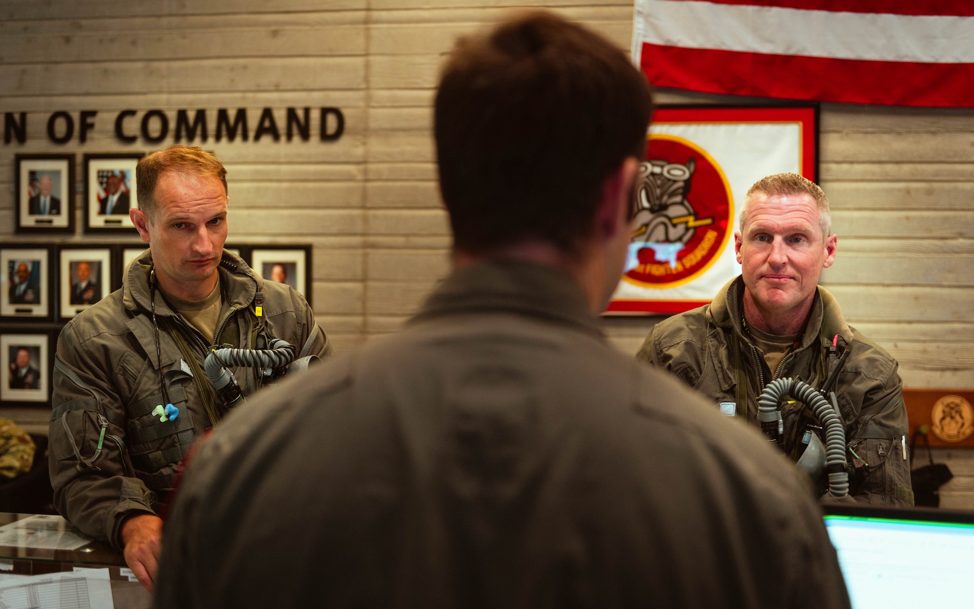 U.S. Air Force Brig. Gen. Jason Rueschhoff (right), 56th Fighter Wing commander, and Col. Matthew Johnston (left), 56th Operations Group commander, prepare for Rueschhoff’s finial flight.
