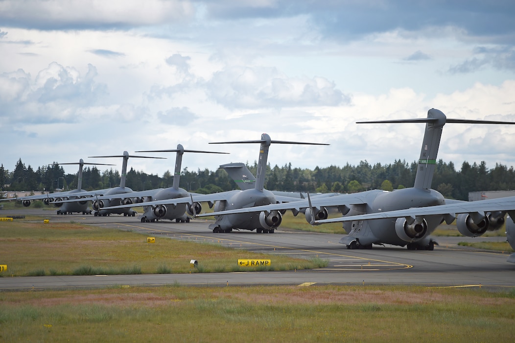 Joint Base Lewis-McChord C-17 Globemaster IIIs taxi on McChord Field