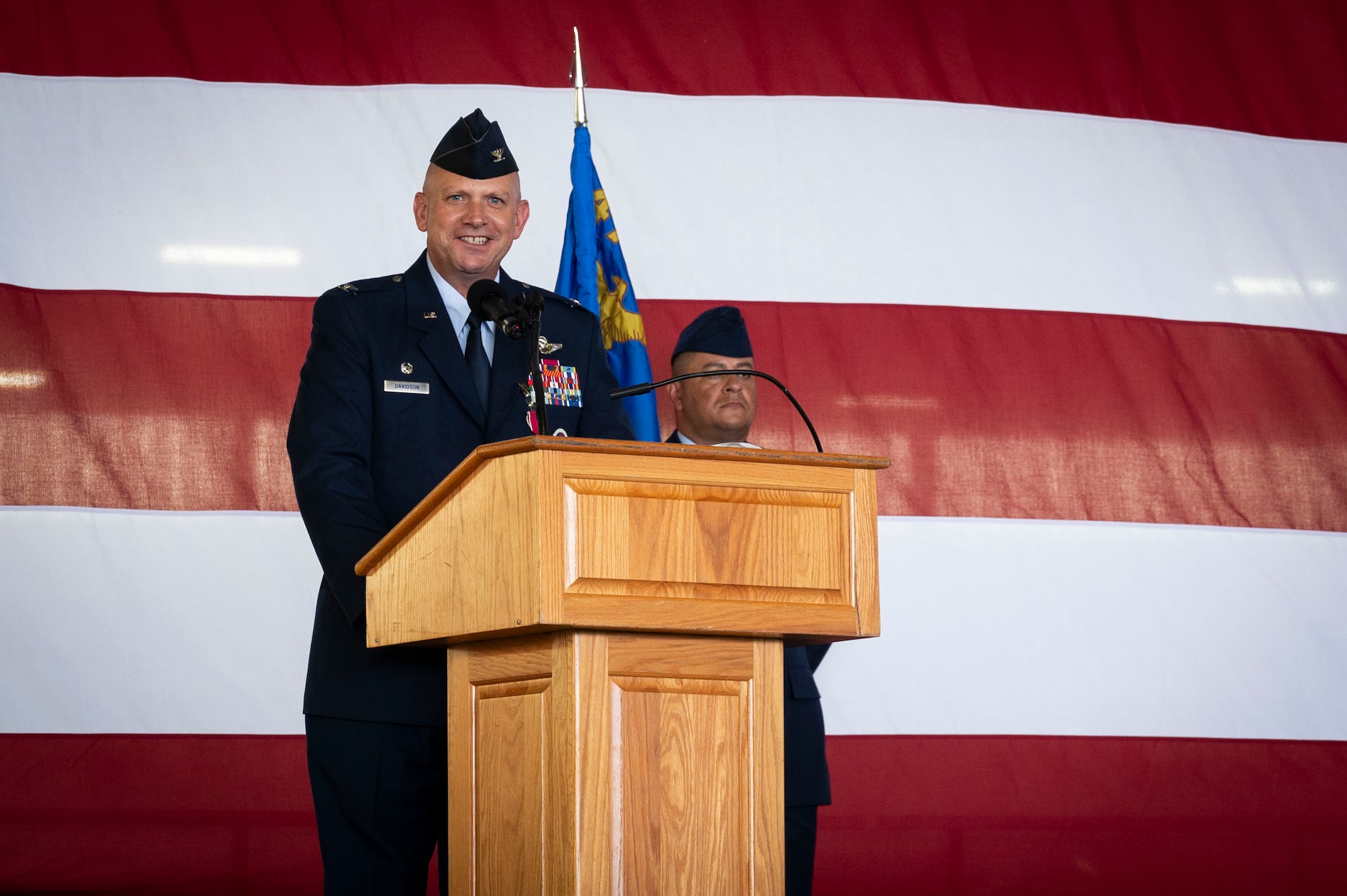 U.S. Air Force Col. Kevin Davidson, former 47th Flying Training Wing (FTW) commander, delivers a speech during the 47th FTW change of command ceremony at Laughlin Air Force Base, Texas, June 26, 2024. As commander, Davidson oversaw nearly 2,800 military and civilian personnel engaged in executing more than 61,000 aircraft sororities yearly in support of Laughlin’s Undergraduate Pilot Training mission. (U.S. Air Force photo by Senior Airman Kailee Reynolds)