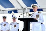 Capt. Jason Ingram, Coast Guard Sector Key West commanding officer, presides over a change of command ceremony for USCGC Charles David Jr. (WPC 1107), in Key West, Florida, June 27, 2024. Chief Warrant Officer Adam Smith relieved Chief Warrant Officer Chad Barber as commanding officer ensuring continuity of leadership and operations aboard the cutter. (U.S. Coast Guard photo by Ensign Tabitha Martinez)