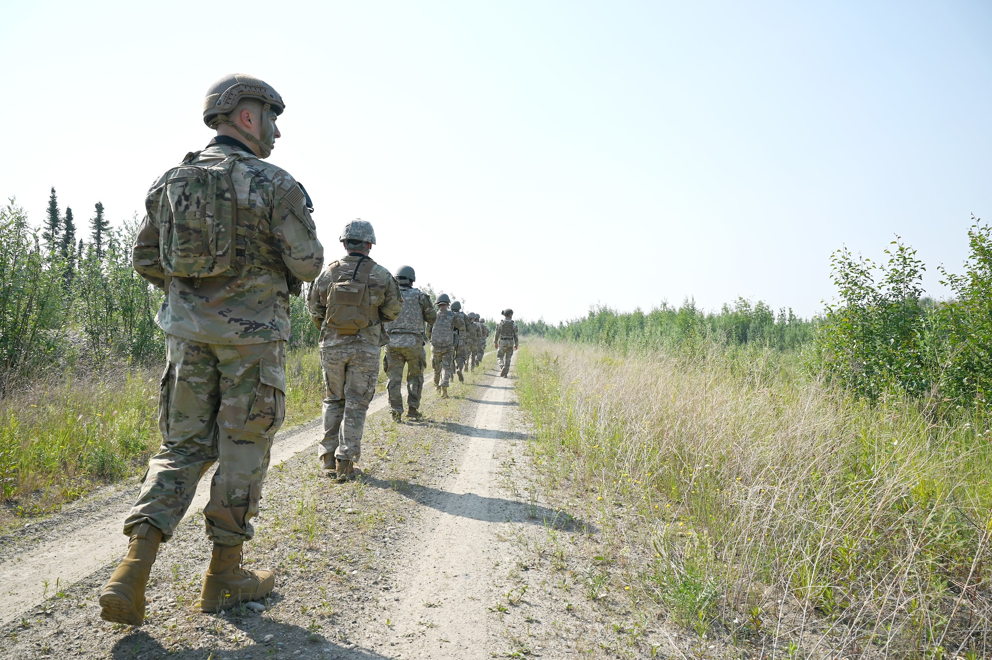 Airmen from the 354th Fighter Wing practice single line formation during the Advanced Ready Training-Core (ART-C) Course June 26, 2024 at Eielson Air Force Base.