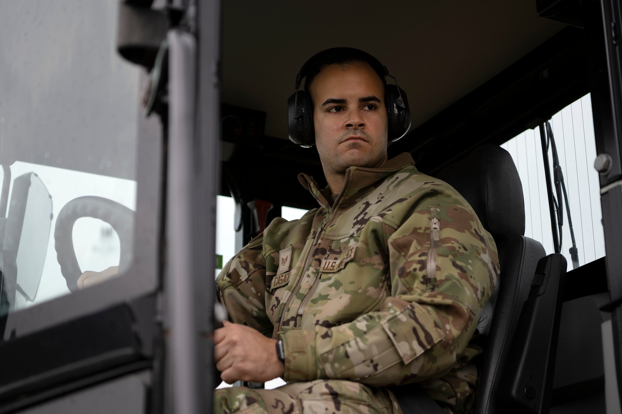 U.S. Air Force Staff Sgt. Frank Casado, a ground transportation vehicle operator, assigned to the 156th Logistics Readiness Squadron, Puerto Rico Air National Guard, operates a 10K all-terrain forklift at Spangdahlem Air Base, Germany, May 8, 2024. The 156th LRS integrated with the 52nd LRS as a force multiplier, assisting with daily operations, augmenting capabilities in support of the 52nd Fighter Wing Saber Knight Readiness Exercise 24-01 and exchanging best practices during training. (U.S. Air National Guard photo by Master Sgt. Rafael D. Rosa)
