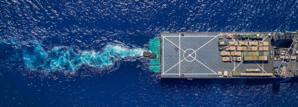 An Amphibious Combat Vehicle attached to Battalion Landing Team (BLT) 1/5, 15th Marine Expeditionary Unit, conducts amphibious operations with the amphibious dock landing ship USS Harpers Ferry (LSD 49).