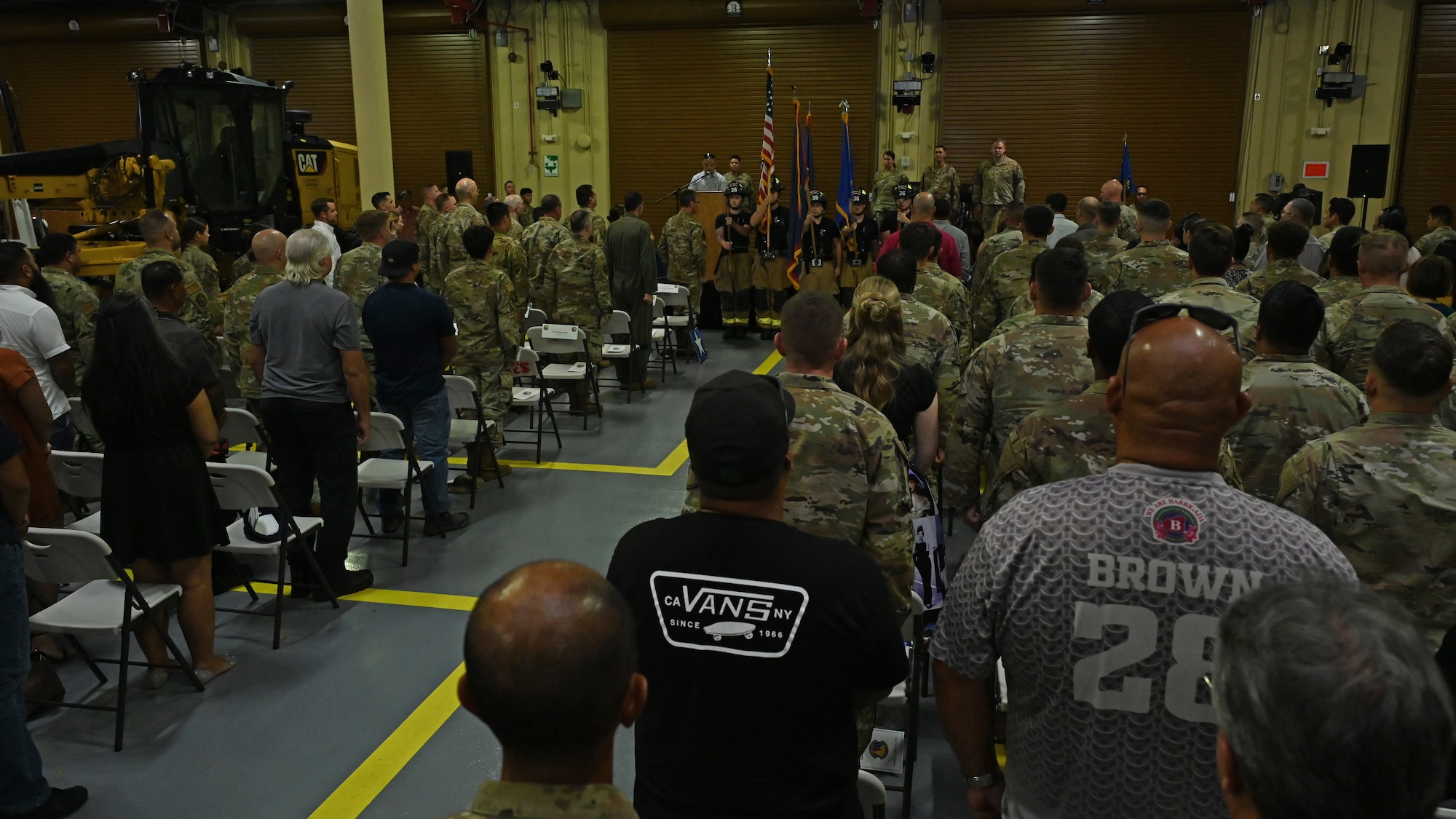 The 36th Civil Engineer Squadron Fire Department Honor Guard Airmen posts the colors.
