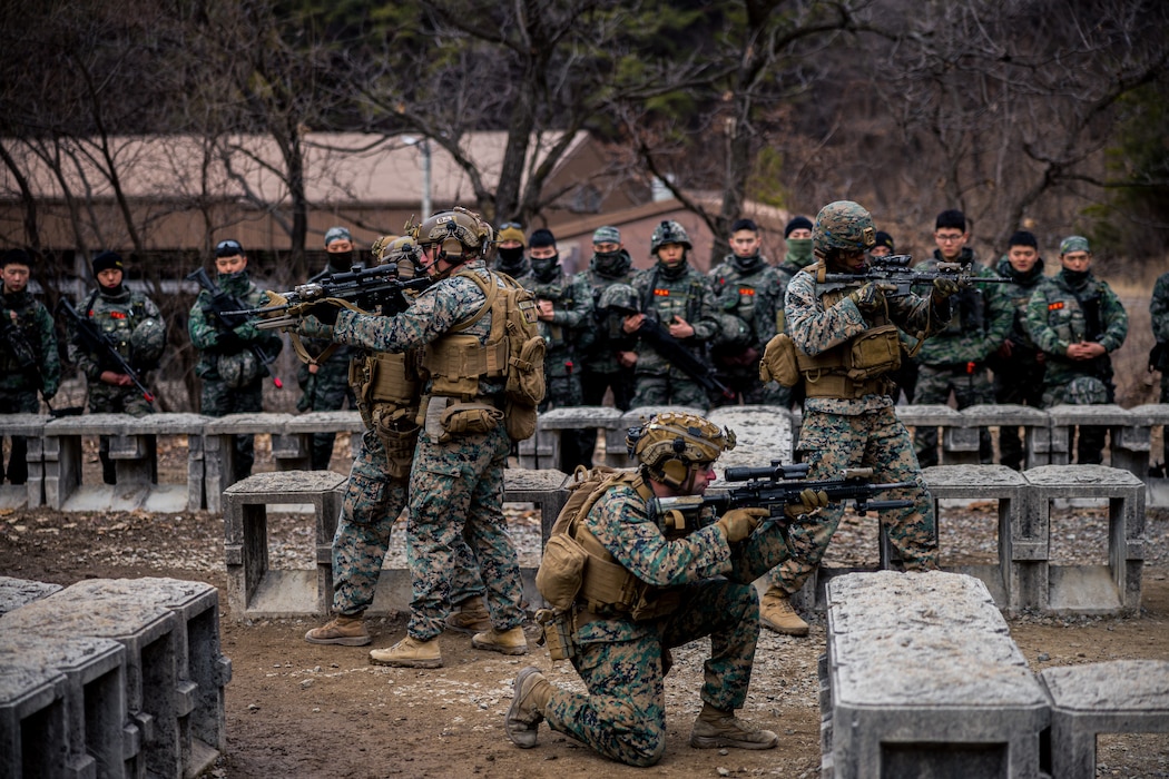 U.S. Marines demonstrate close-quarters combat tactics for Republic of Korea Marines with 31st Battalion, 1st Marine Division during Warrior Shield 24 at Rodriguez Live Fire Complex, Pocheon, South Korea, March 6, 2024. Warrior Shield 24 is an annual joint, combined exercise held on the Korean Peninsula that seeks to strengthen the combined defensive capabilities of ROK and U.S. forces. This routine, regularly scheduled, field training exercise provides the ROK and U.S. Marines the opportunity to rehearse combined operations, exchange knowledge, and demonstrate the strength and capabilities of the ROK-U.S. Alliance. The Marines are with 2nd Battalion 8th Marine Regiment and are forward deployed in the Indo-Pacific under 4th Marines, 3d Marine Division as part of the Unit Deployment Program. (U.S. Marine Corps photo by Lance Cpl. Matthew Morales)