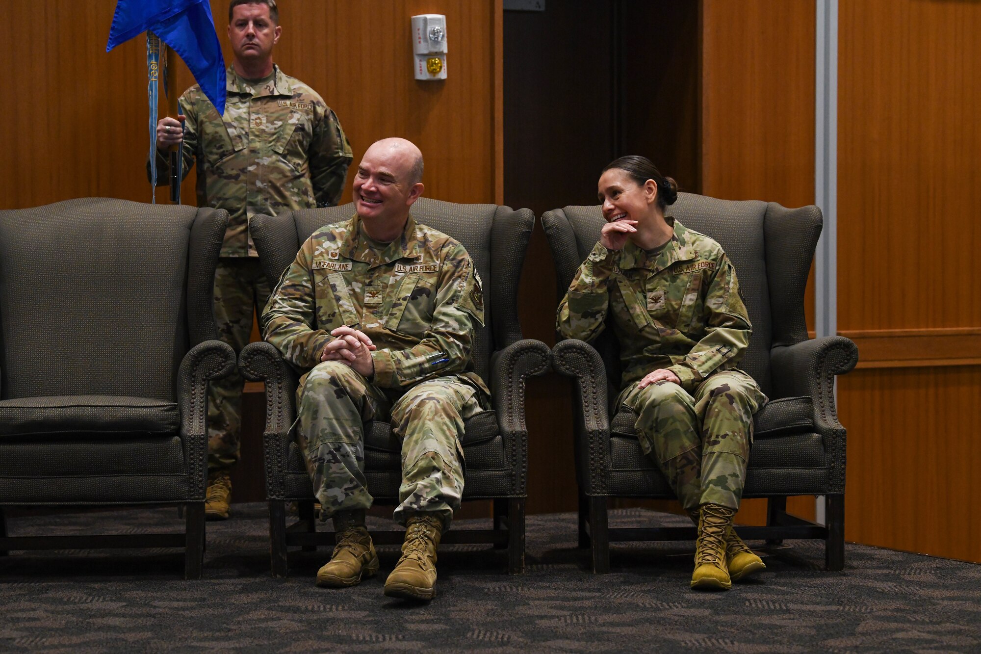 incoming and outgoing 18th medical commanders share a laugh together