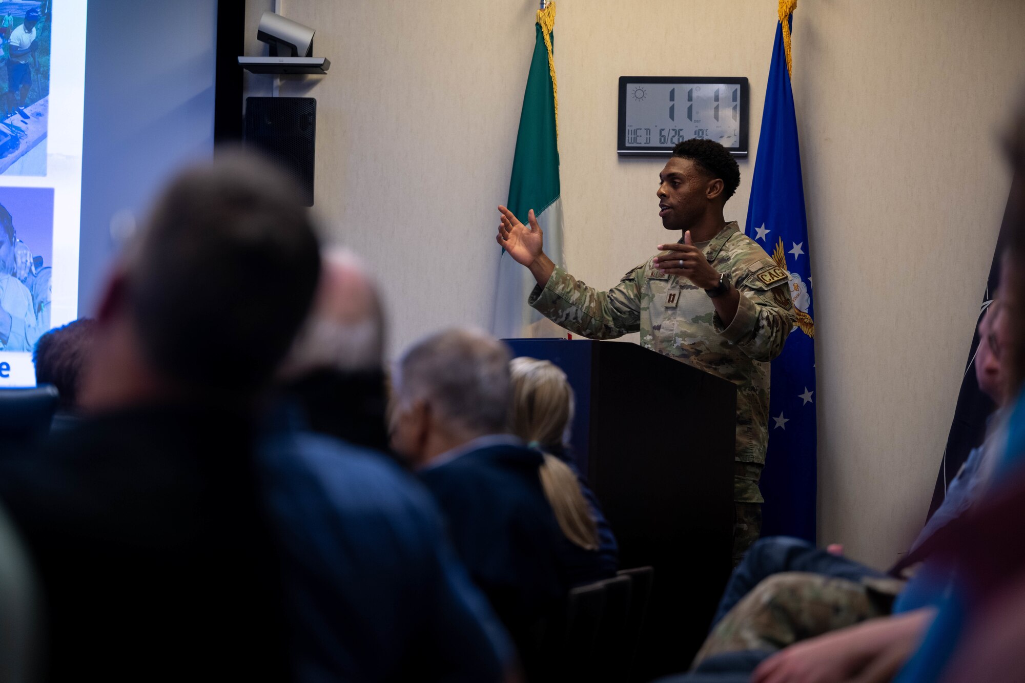 U.S. Air Force Capt. Tyler Williams, 31 FW Commander’s Action Group deputy director, briefs U.S. Air and Space Forces civic leaders.