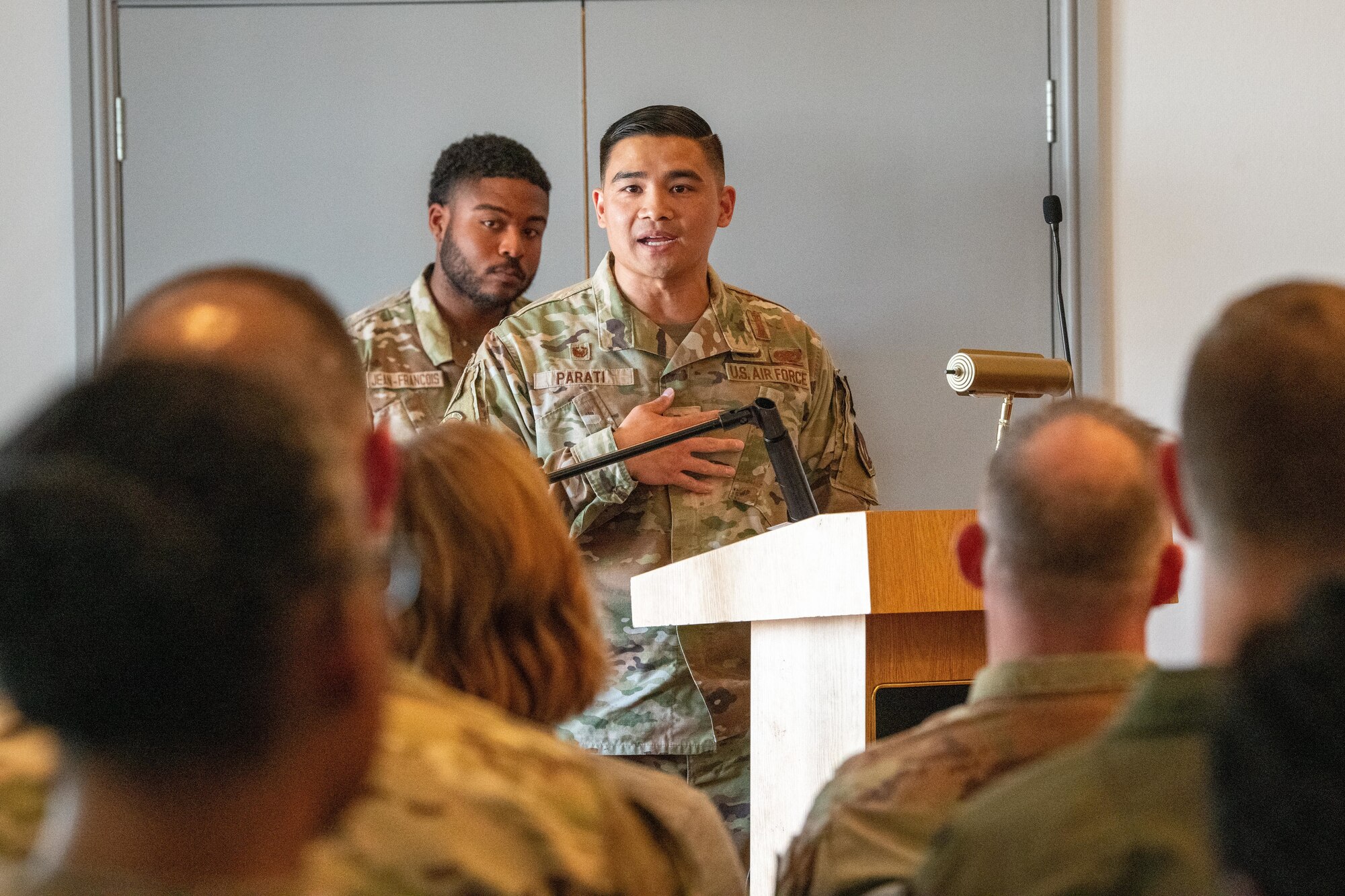 An Airman makes a speech
