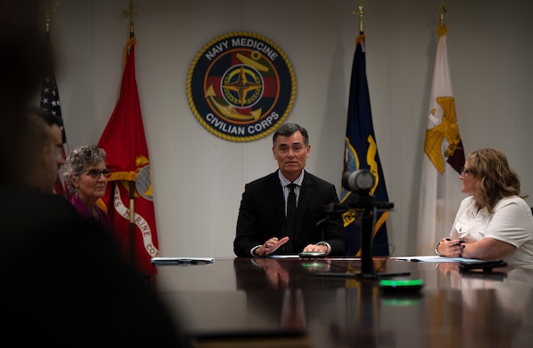 Dr. Michael B. McGinnis, executive director of Bureau of Medicine and Surgery, and director of the Navy Medicine Civilian Corps, hosts a town hall at the Defense Health Headquarters on June 27, 2024.