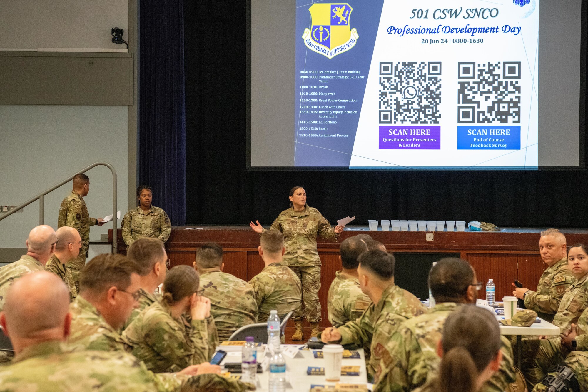 An Airmen speaks during a senior leadership professional development seminar