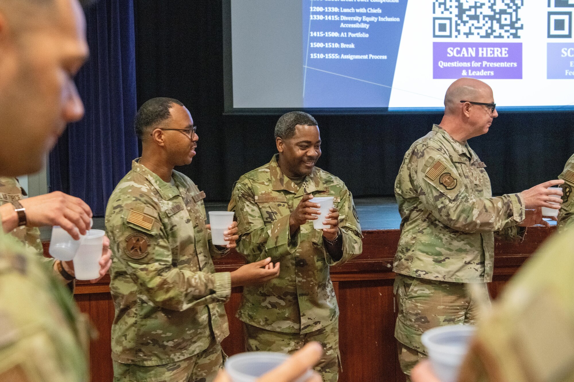 Airmen participate in an ice-breaker activity during a senior leadership professional development seminar