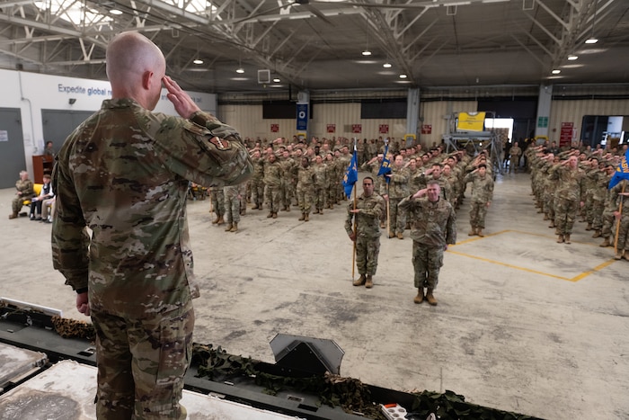 U.S. Air Force Col. Brandon McBrayer, 39th Air Base Wing commander, renders his first salute as commander during the 39th ABW change of command ceremony.