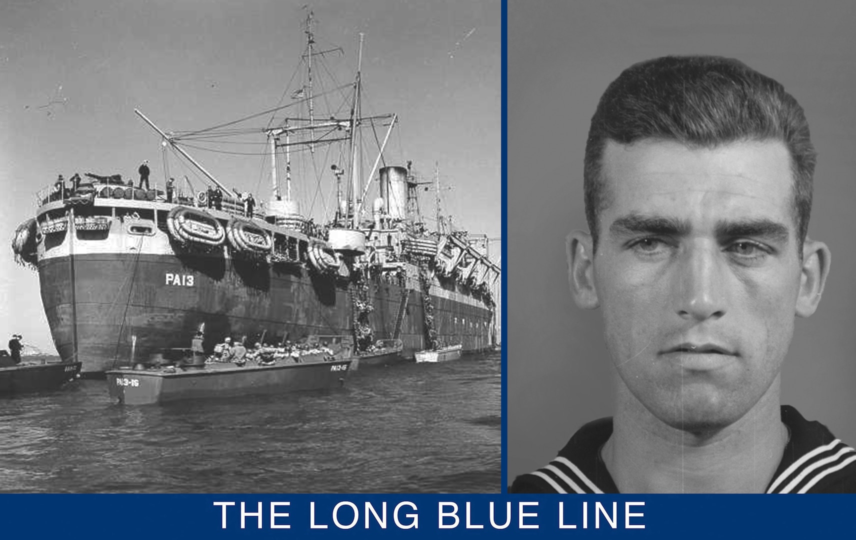 The original enlistment photograph for Robert Grattan Ward, later Silver Star Medal recipient for action on D-Day. (U.S. Coast Guard)
With cargo nets dropped and LCVPs in position, the Joseph Dickman disembarks troops for amphibious landing. (U.S. Coast Guard)