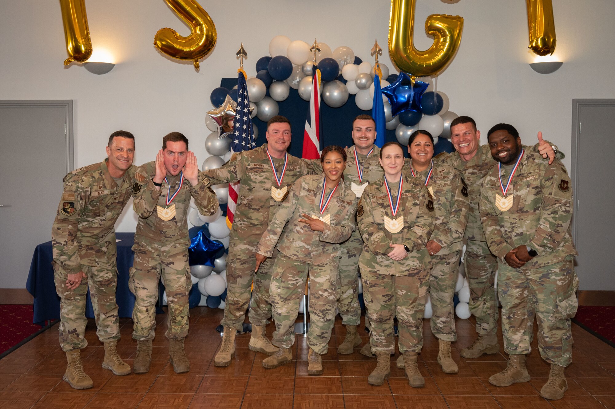 The newest U.S. Air Force technical sergeant selectees pose for a photo.