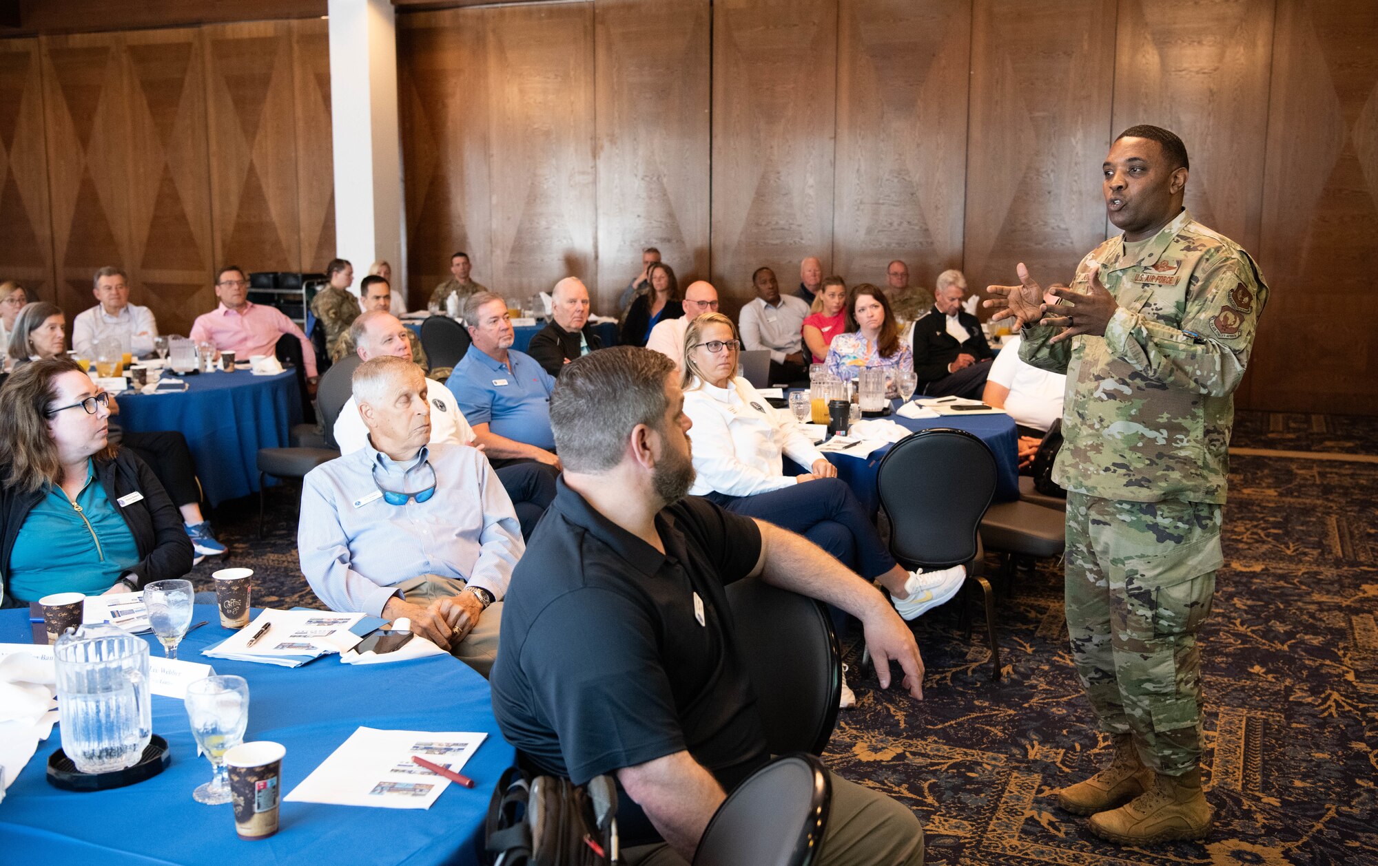 U.S. Air Force Brig. Gen. Otis C. Jones, United States Air Forces in Europe – Air Forces Africa chief of staff, speaks to members of the Air and Space Forces civic leader group during an immersion at Ramstein Air Base, Germany, June 24, 2024. Civic leaders provide ideas and feedback to advise the Secretary of the Air Force, Air Force Chief of Staff, Chief of Space Operations and other senior leaders about how missions can best be accomplished in their respective areas and about public attitudes toward Air and Space Force’s activities. The civic leader group engaged in a multi-day tour across U.S. Air Forces in Europe – Air Forces Africa bases to receive valuable familiarization and education on USAFE-AFAFRICA missions, future initiatives, and command priorities. (U.S. Air Force photo by Senior Airman Jared Lovett)