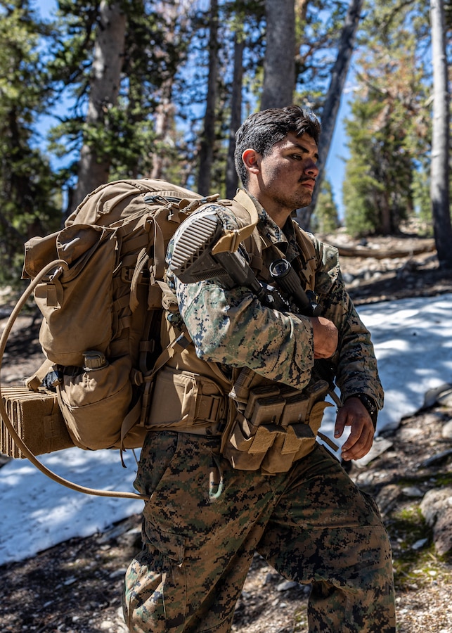 A U.S. Marine with 1st Battalion, 25th Marine Regiment, 4th Marine Division patrols with his squad during the culminating event of Mountain Training Exercise 4-24 at Marine Corps Mountain Warfare Training Center, Bridgeport, California, June 23, 2024. Marines undergo a 72-hour evaluation testing them in tactics, techniques and procedures for mountain warfare. (U.S. Marine Corps photo by Staff Sgt. Jestin Costa)