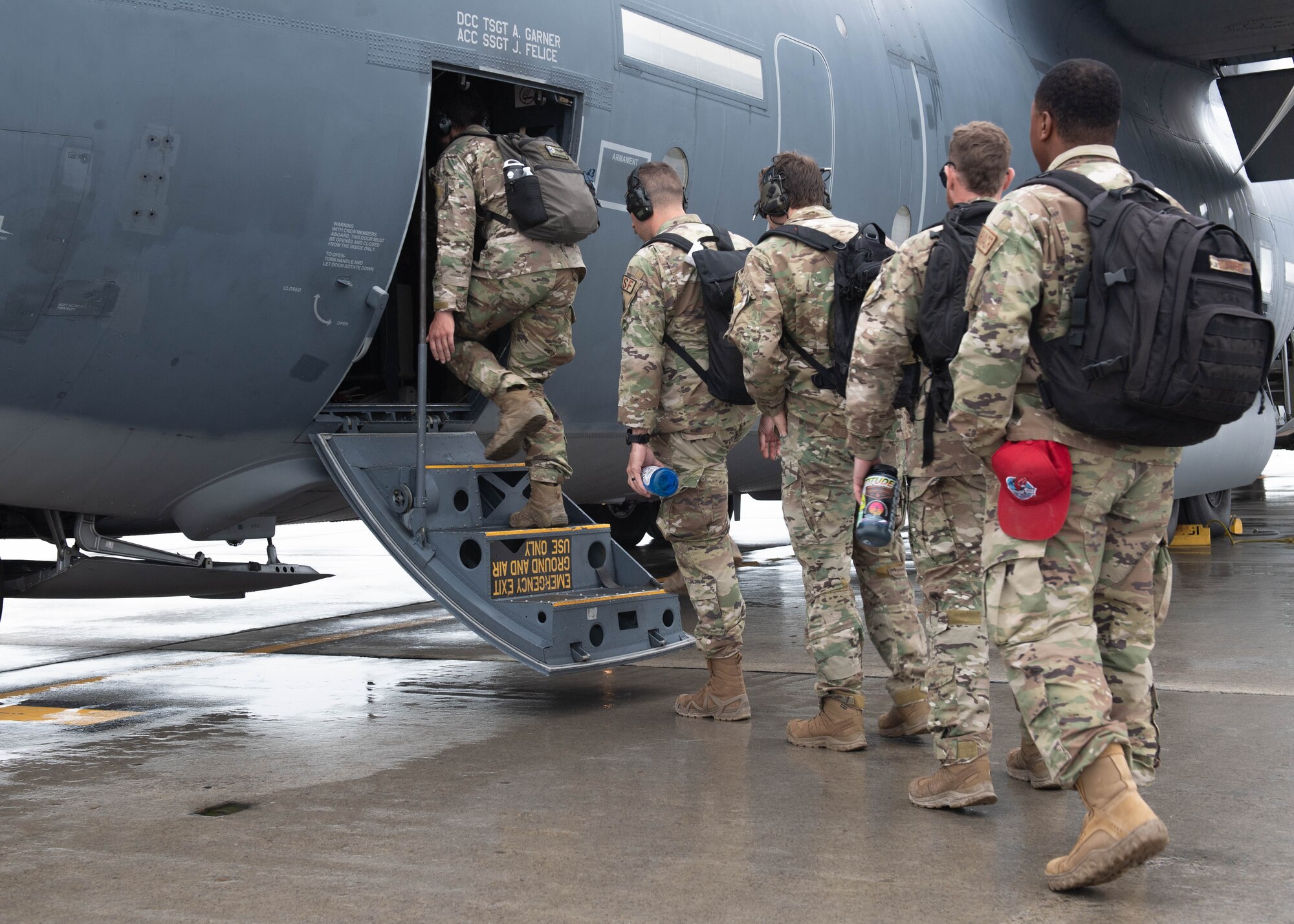 Airmen from the 193rd Special Operations Wing work together to redeploy Airmen to home station aboard an EC-130J aircraft from Fort Drum, N.Y., following operations at one of Exercise Iron Keystone’s simulated forward operating locations.