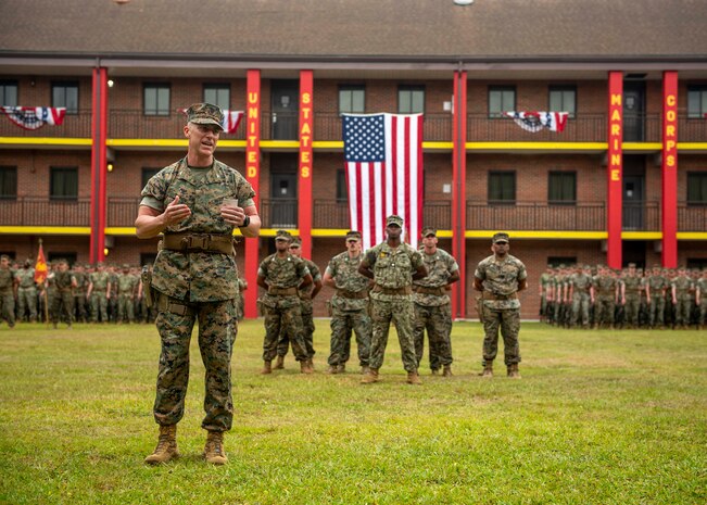 Col. Daniel L Thunen speaks to Marines from Marine Corps Security Force Battalion (MCSFBn) Kings Bay during a MCSFBn’s change of command ceremony at Naval Submarine Base Kings Bay, Georgia. Thunen was relieved by Lt. Col Joseph E. Moeller as the battalion’s commander.  The ceremony was attended by the base’s tenant commanding officers, family, friends, and the nearly 1,100 Marines and Sailors assigned to the battalion. (U.S. Navy photo by Mass Communication Specialist 1st Class Zachary D. Behrend)