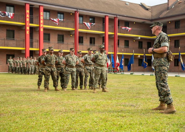 Lt. Col. Joseph E. Moeller speaks to Marines from Marine Corps Security Force Battalion (MCSFBn) Kings Bay during a MCSFBn’s change of command ceremony at Naval Submarine Base Kings Bay, Georgia. Moeller relieved Col. Daniel L. Thunen as the battalion’s commander.  The ceremony was attended by the base’s tenant commanding officers, family, friends, and the nearly 1,100 Marines and Sailors assigned to the battalion. (U.S. Navy photo by Mass Communication Specialist 1st Class Zachary D. Behrend)