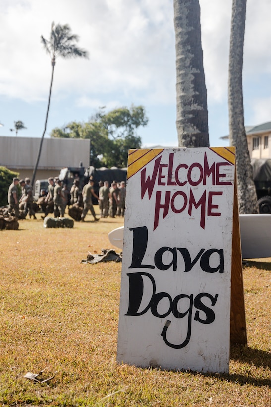 U.S. Marines with 3d Marine Littoral Regiment, 3d Marine Division, hold a homecoming event at Marine Corps Base Hawaii, June 26, 2024. The homecoming event was held for the Marines returning from the Philippines following their support in Exercise Balikatan 24 and Marine Aviation Support Activity 24. (U.S. Marine Corps photo by Sgt. Grace Gerlach)