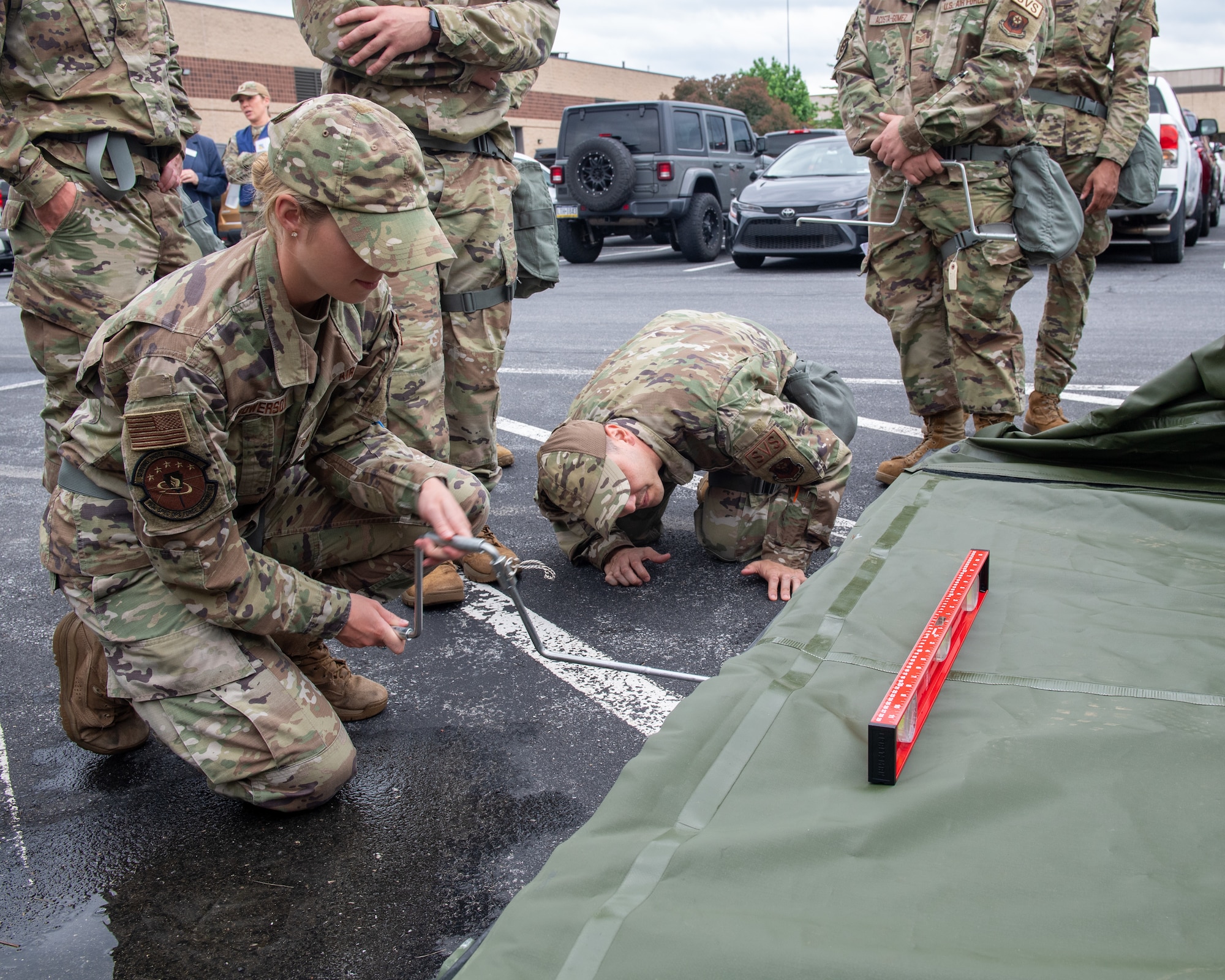 193 Special Operations Wing Airmen level an Expandable Single Pallet Expeditionary Kitchen in Middletown, Pennsylvania, during Exercise Iron Keystone 24 on June 6, 2024.