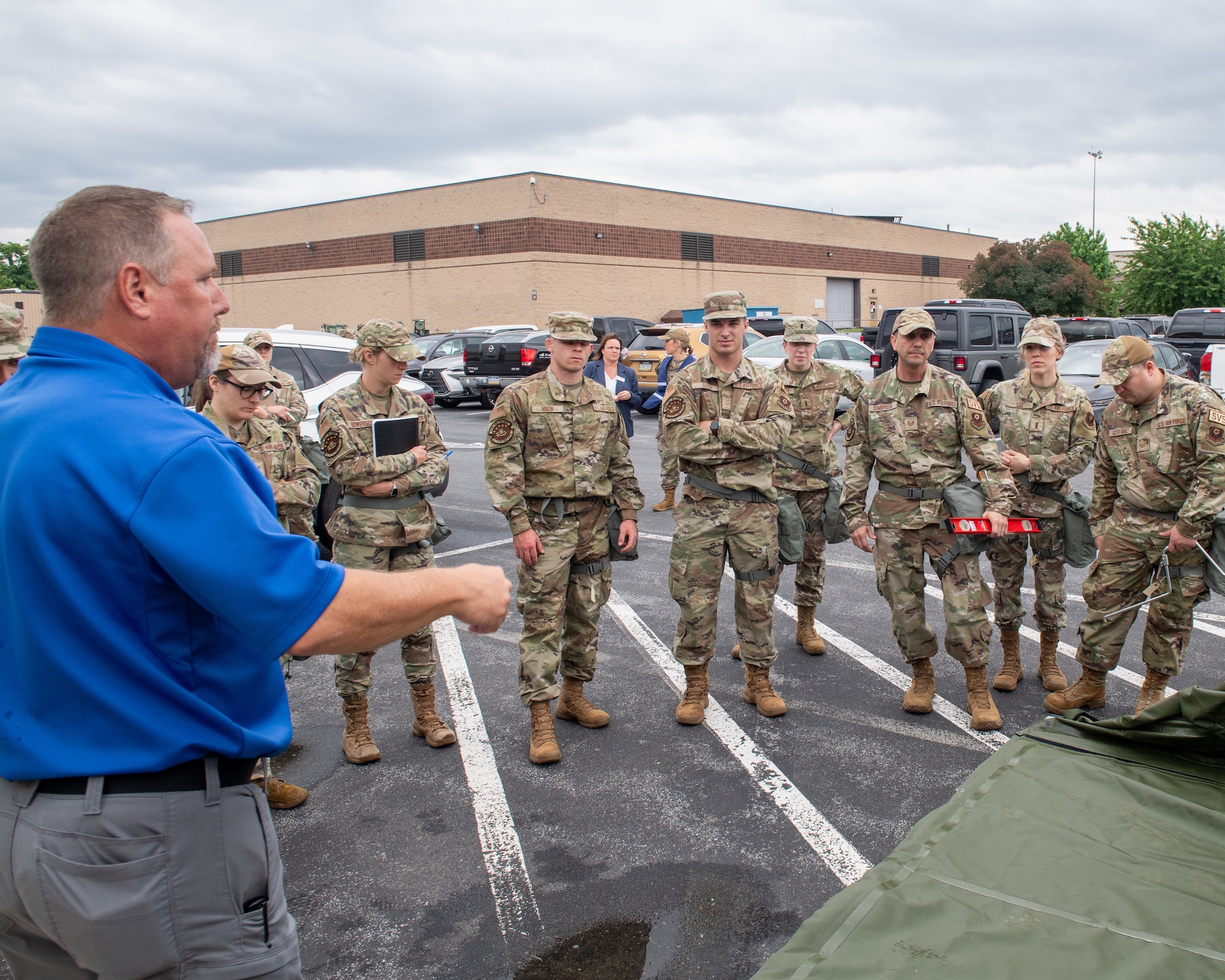 Dave Baker, Military Programs Instructor from Babington Technology, Inc., teaches 193rd Special Operations Wing Airmen how to set up the Expandable Single Pallet Expeditionary Kitchen in Middletown, Pennsylvania, on June 6, 2024.