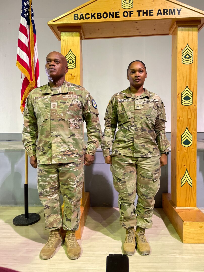 Senior Enlisted Advisor Tony Whitehead, SEA to the chief, National Guard Bureau, promotes his niece to the rank of sergeant first class at Camp Bondsteel, Kosovo, June 24, 2024. Sgt. 1st Class Jasmine Promise, paralegal NCO in charge of the Regional Command East legal office, is deployed to Kosovo with the Georgia National Guard’s 48th Infantry Brigade, supporting the Kosovo Force.