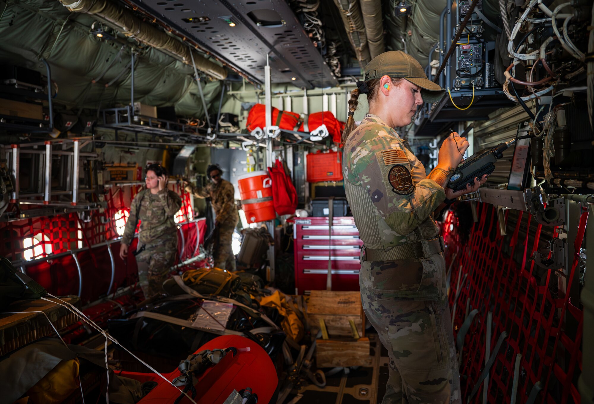 Members of the 347th Rescue Group from Moody Air Force Base, Georgia, conduct pre-flight procedures in a HC-130J Combat King II at Patrick Space Force Base, Florida, June 1, 2024. The team from Moody supported the Atlas V rocket Orbital Crew Flight Test mission, which launched two astronauts from Space Launch Complex 41 on Cape Canaveral Space Force Station, Florida. This was the first time since 1968 astronauts were launched from CCSFS and the first time ever from a Space Force installation. (U.S. Space Force photo by Airman 1st Class Spencer Contreras)