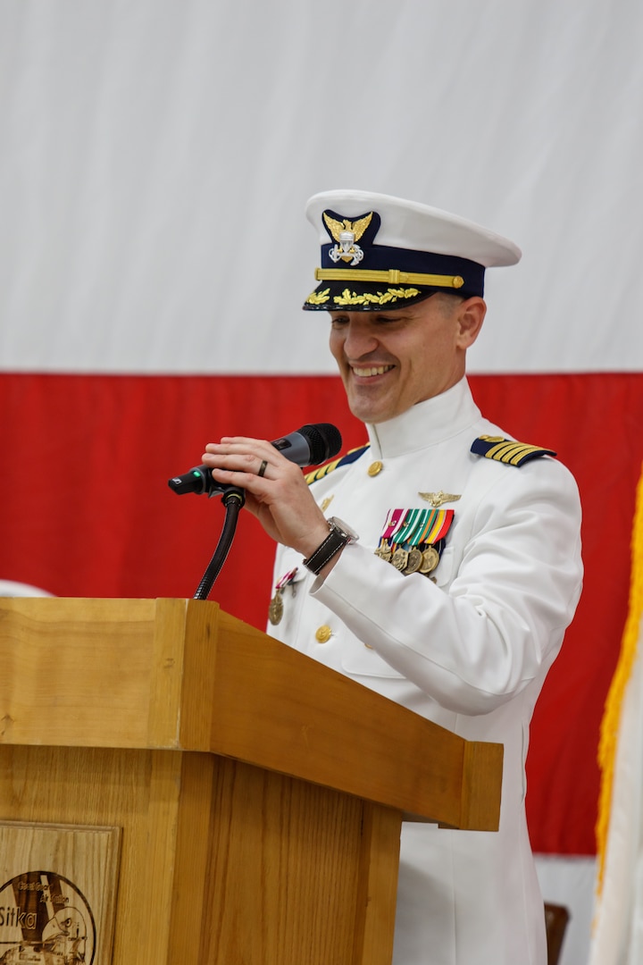 Capt. Vincent Jansen transferred command of Coast Guard Air Station Sitka to Cmdr. Rand Semke. Rear Adm. Megan Dean, commander, Coast Guard Seventeenth District, presided over the ceremony.