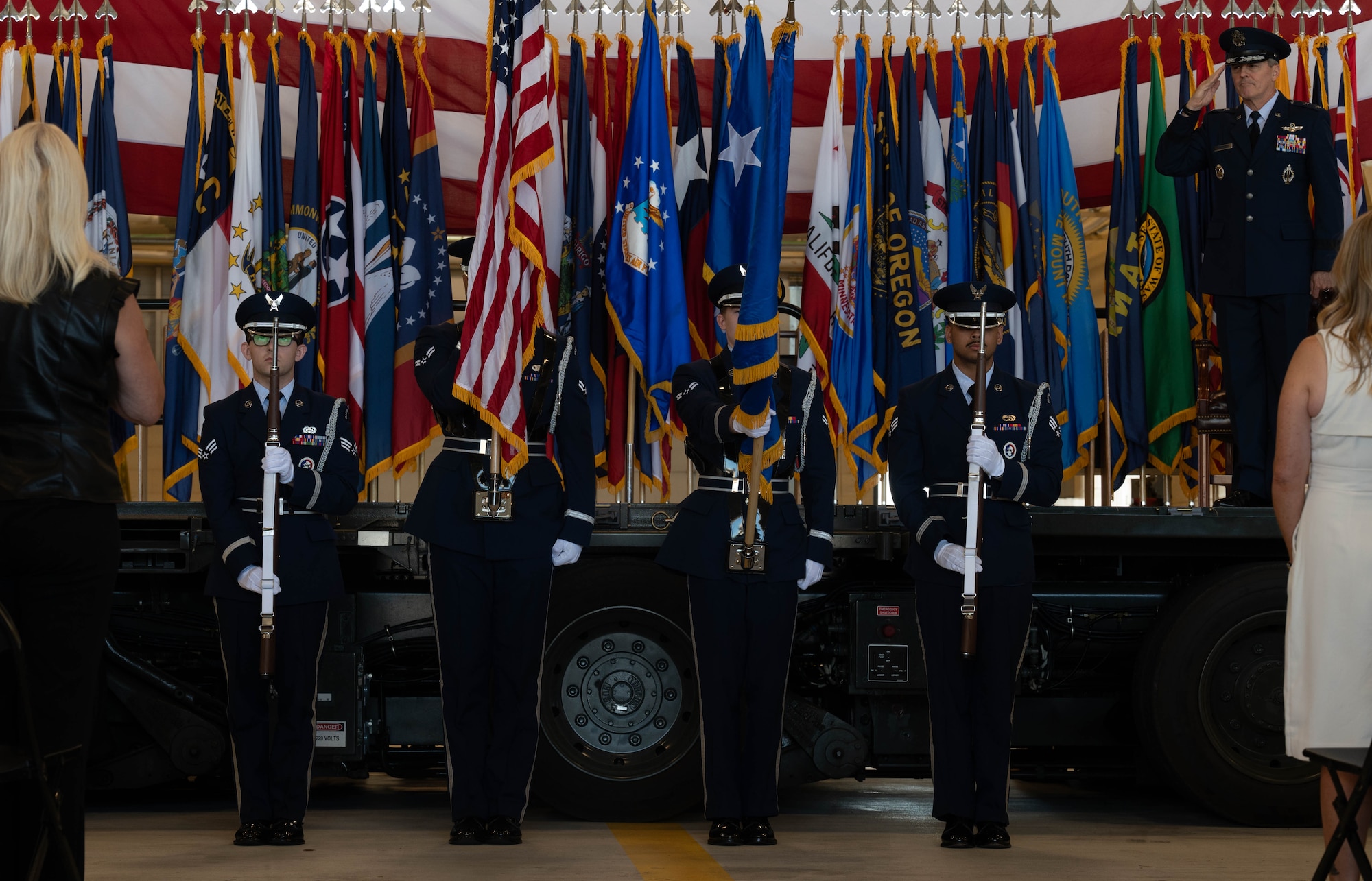 Minot Air Force Base Honor Guard presents the colors at the 5th Bomb Wing change of command ceremony at Minot Air Force Base, North Dakota, June 28, 2024. The U.S. Air Force Honor Guard’s vision is to promote the Air Force mission, preserve their heritage and protect their standards and image. (U.S. Air Force photo by Airman 1st Class Luis Gomez)