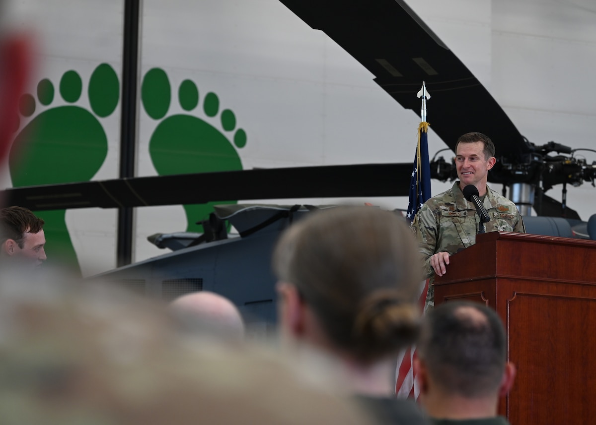 U.S. Air Force Col. Scott Mills, 355th Wing commander, speaks during the 563rd Rescue Group Change of Command at Davis-Monthan Air Force Base, Ariz., June 28, 2024. Mills spoke of Air Force rescue members’ dedication to the mission to always bring service members home. (U.S. Air Force photo by Staff Sgt. Abbey Rieves)